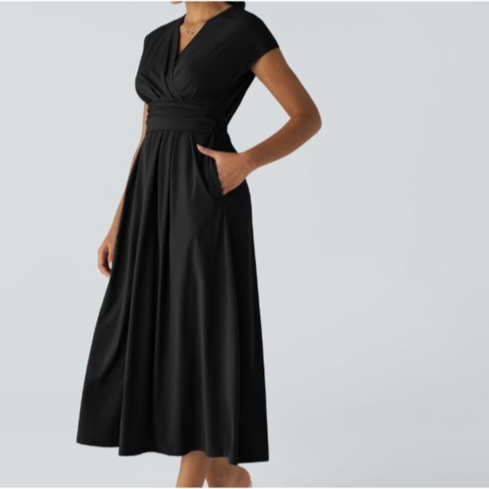 Halara Breezeful Lightweight Pleated Wrap Look Short Sleeve Midi Dress Plus 1X